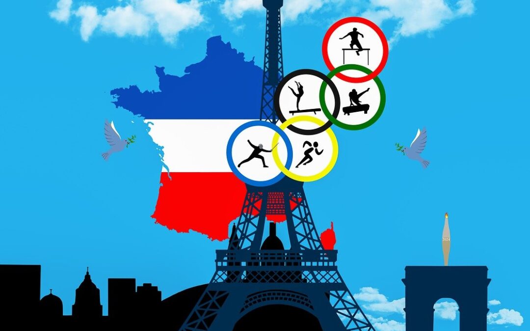 Olympic sports icons overlaid on the Eiffel Tower with French flag backdrop.